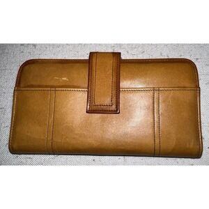 Vtg Baronet Tan Leather Wallet Clutch 1960s Double Kiss Closure Unused Checkbook